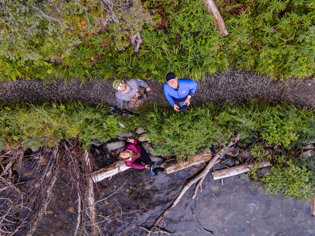 Overhead view of three crew members with cameras beside a wooded stream