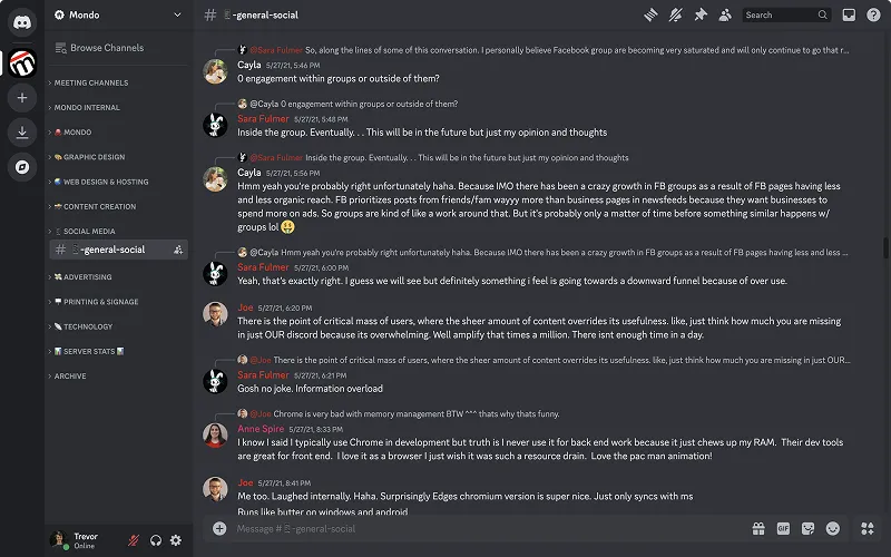 Mondo discord community preview with all channels and a conversation
